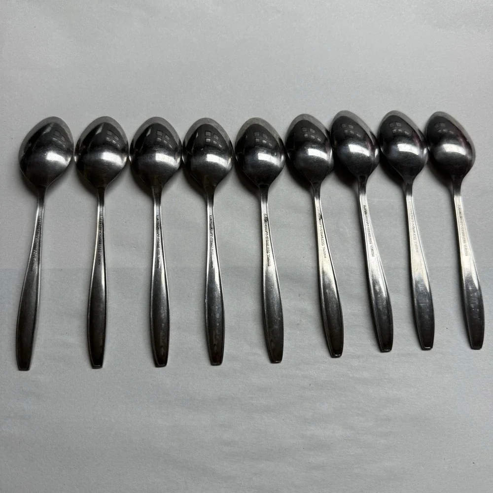 9 Vintage Customcraft CUS1 Dinner Place Spoons Roses Stainless Steel Flatware